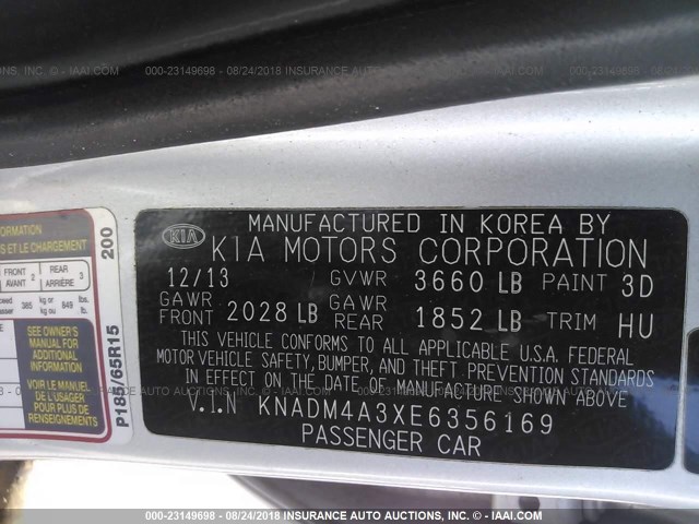 KNADM4A3XE6356169 - 2014 KIA RIO LX SILVER photo 9