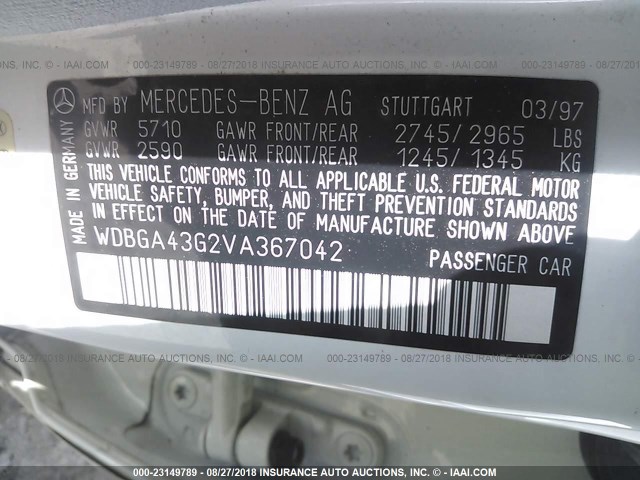 WDBGA43G2VA367042 - 1997 MERCEDES-BENZ S 420 WHITE photo 9