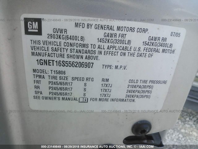 1GNET16S556206907 - 2005 CHEVROLET TRAILBLAZER EXT LS/EXT LT SILVER photo 9