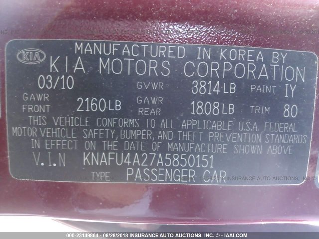 KNAFU4A27A5850151 - 2010 KIA FORTE EX BURGUNDY photo 9