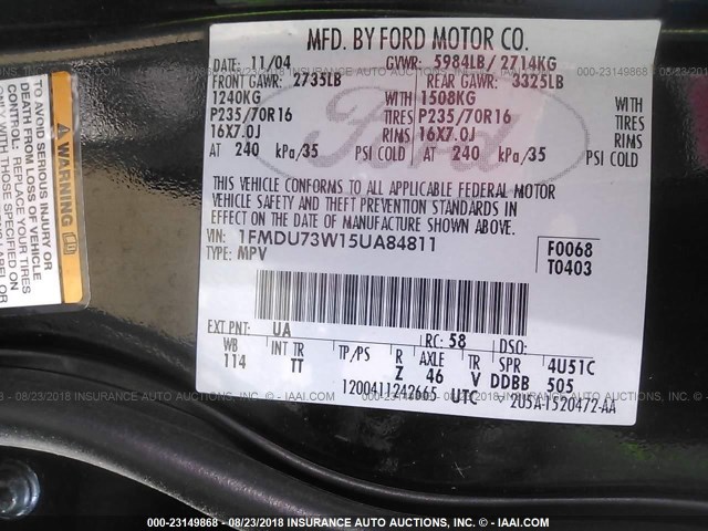 1FMDU73W15UA84811 - 2005 FORD EXPLORER XLT/XLT SPORT/NBX 黑色 照片 9