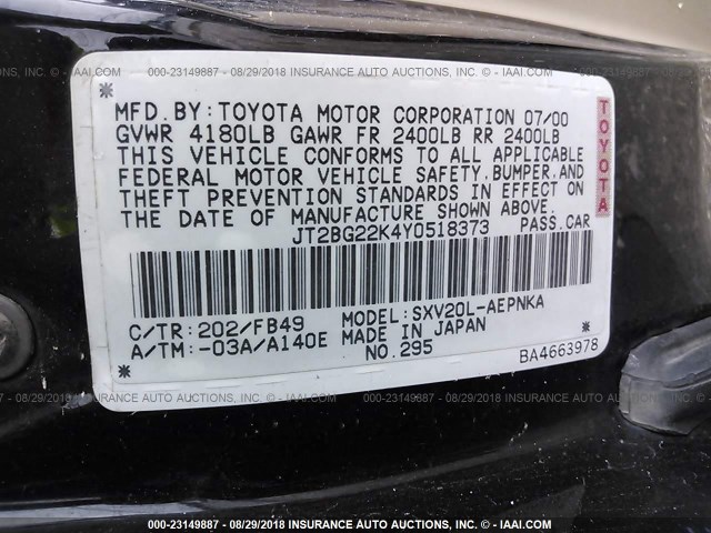 JT2BG22K4Y0518373 - 2000 TOYOTA CAMRY CE/LE/XLE 黑色 照片 9