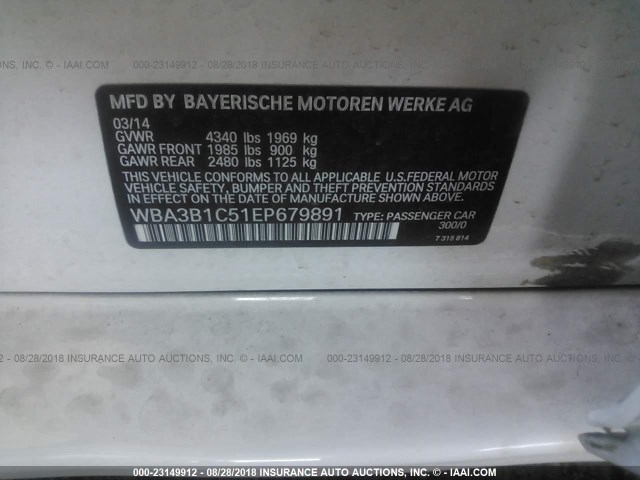 WBA3B1C51EP679891 - 2014 BMW 320 I WHITE photo 9