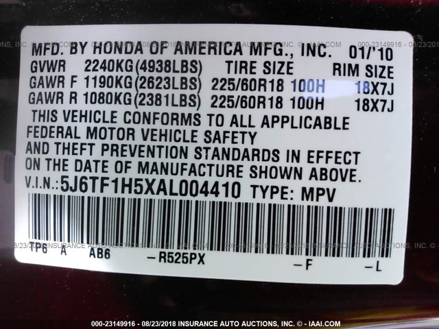 5J6TF1H5XAL004410 - 2010 HONDA ACCORD CROSSTOUR EXL BURGUNDY photo 9