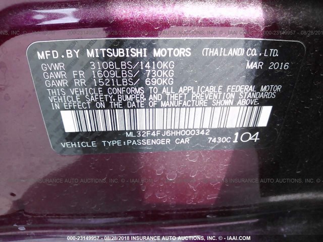 ML32F4FJ6HH000342 - 2017 MITSUBISHI MIRAGE G4 SE MAROON photo 9