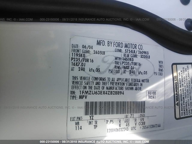 1FMZU63EX4ZB28894 - 2004 FORD EXPLORER XLT/XLT SPORT/NBX 白色 照片 9