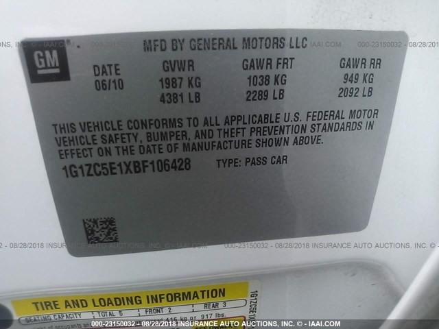 1G1ZC5E1XBF106428 - 2011 CHEVROLET MALIBU 1LT 白色 照片 9