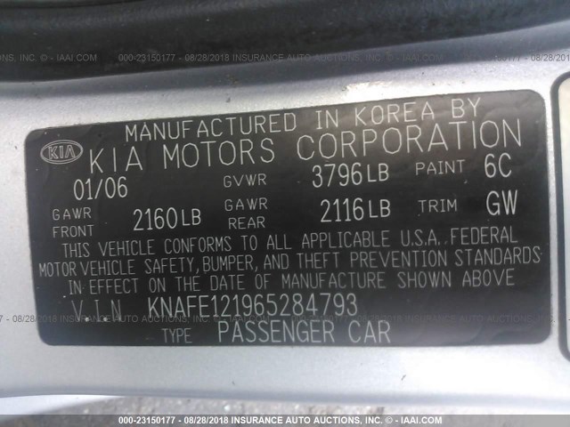 KNAFE121965284793 - 2006 KIA NEW SPECTRA LX/EX SILVER photo 9