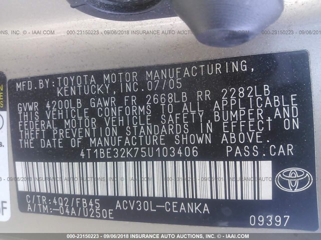 4T1BE32K75U103406 - 2005 TOYOTA CAMRY LE/XLE/SE Алтын фото 9