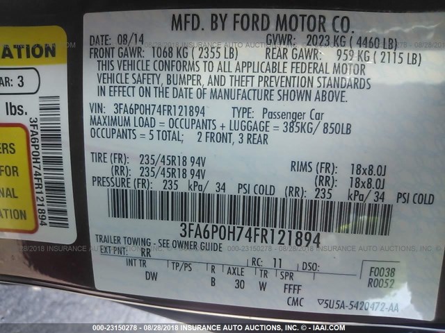 3FA6P0H74FR121894 - 2015 FORD FUSION SE MAROON photo 9