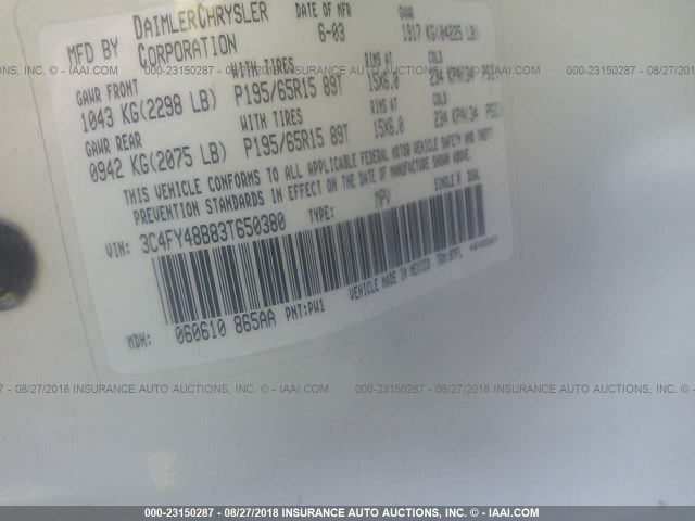 3C4FY48B83T650380 - 2003 CHRYSLER PT CRUISER CLASSIC 白色 照片 9