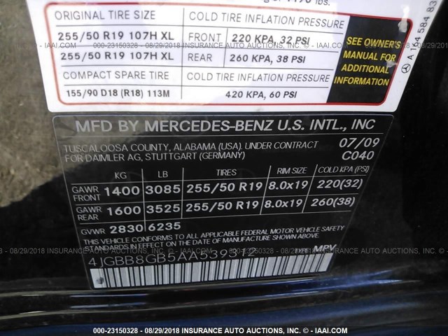 4JGBB8GB5AA539312 - 2010 MERCEDES-BENZ ML 350 4MATIC BLACK photo 9