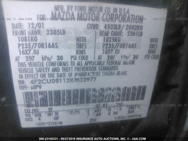 4F2CU08112KM33977 - 2002 MAZDA TRIBUTE LX/ES 绿色 照片 9