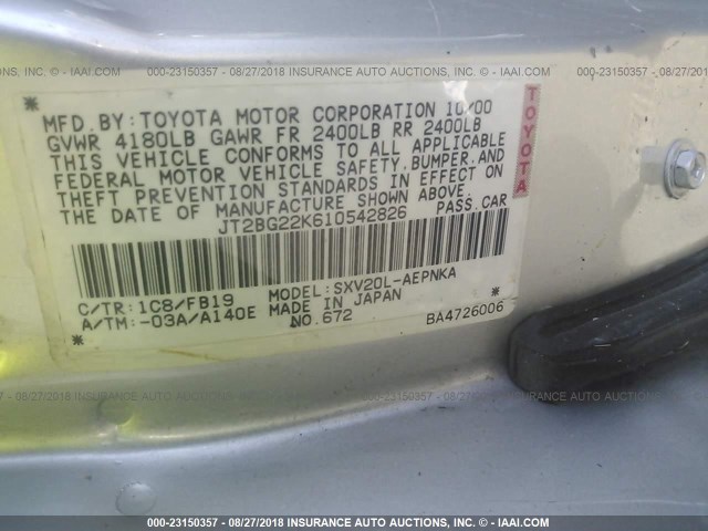 JT2BG22K610542826 - 2001 TOYOTA CAMRY CE/LE/XLE 银色 照片 9
