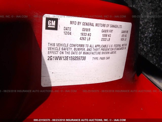 2G1WW12E159259738 - 2005 CHEVROLET MONTE CARLO LS RED photo 9