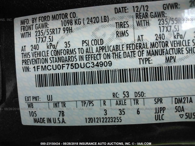 1FMCU0F75DUC34909 - 2013 FORD ESCAPE S GRAY photo 9