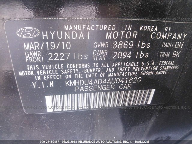 KMHDU4AD4AU041820 - 2010 HYUNDAI ELANTRA BLUE/GLS/SE BLACK photo 9