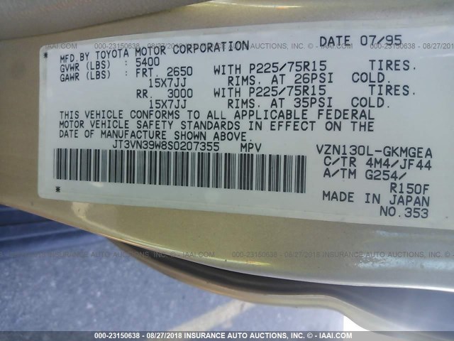 JT3VN39W8S0207355 - 1995 TOYOTA 4RUNNER VN39 SR5 金色 照片 9