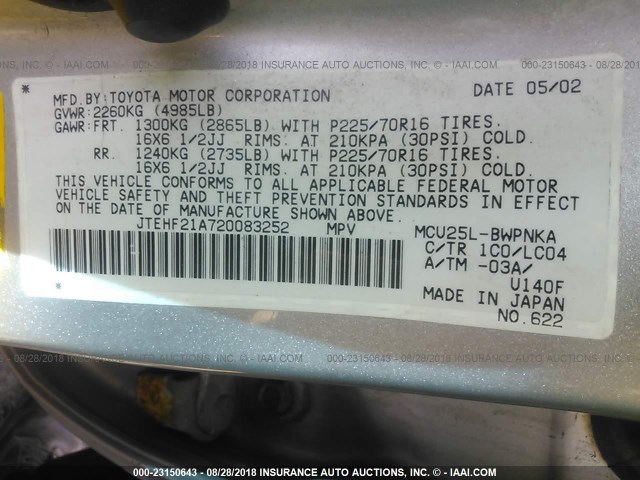 JTEHF21A720083252 - 2002 TOYOTA HIGHLANDER LIMITED SILVER photo 9