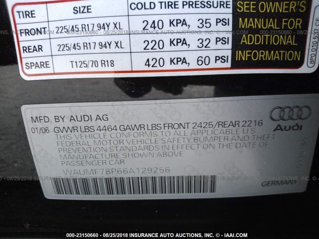 WAUMF78P66A129256 - 2006 AUDI A3 2.0 SPORT BLACK photo 9