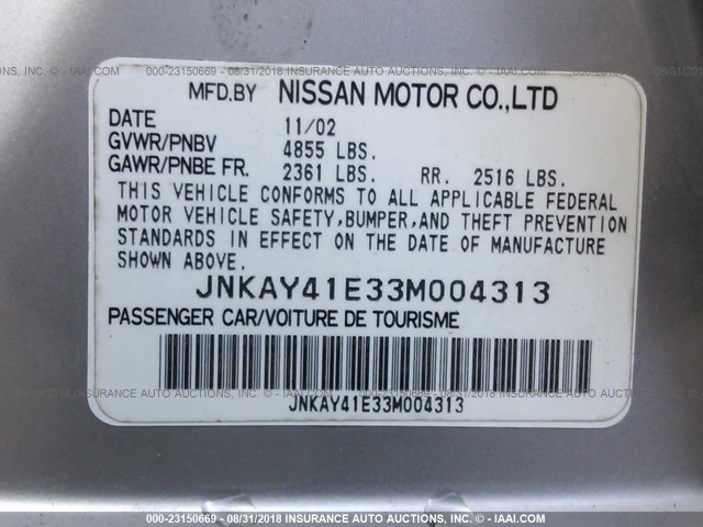 JNKAY41E33M004313 - 2003 INFINITI M45 SILVER photo 9