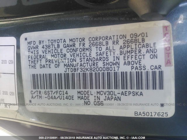 JTDBF32K820008017 - 2002 TOYOTA CAMRY LE/XLE/SE 绿色 照片 9