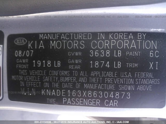 KNADE163X86304873 - 2008 KIA RIO 5 SX SILVER photo 9