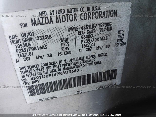 4F2YU09142KM12660 - 2002 MAZDA TRIBUTE LX/ES SILVER photo 9