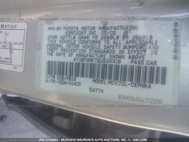4T1BF30K72U533318 - 2002 TOYOTA CAMRY LE/XLE/SE Gümüş foto 9