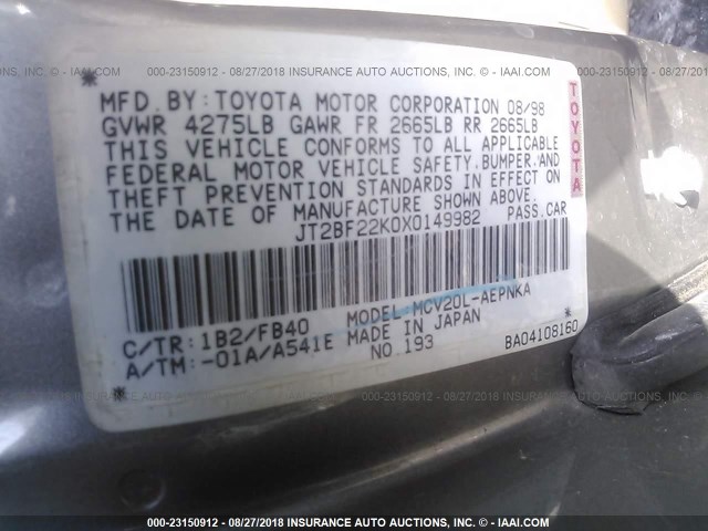 JT2BF22K0X0149982 - 1999 TOYOTA CAMRY LE/XLE GRAY photo 9