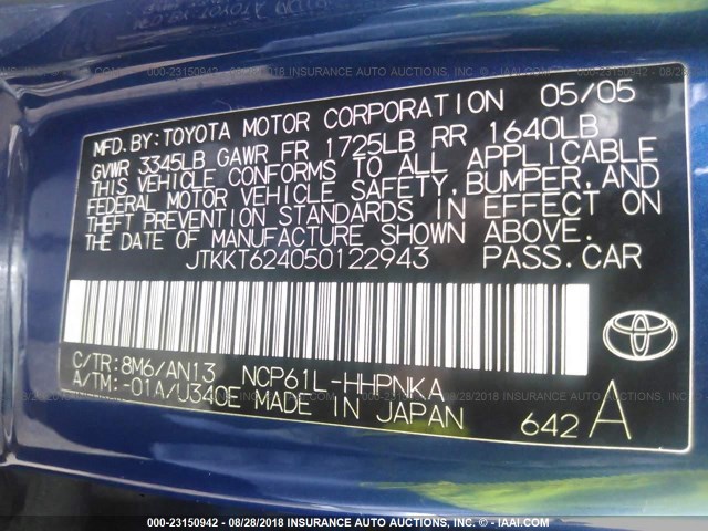 JTKKT624050122943 - 2005 TOYOTA SCION XA BLUE photo 9