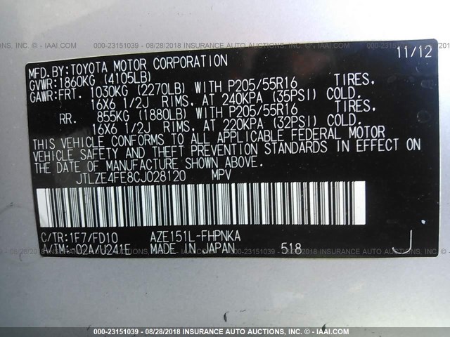 JTLZE4FE8CJ028120 - 2012 TOYOTA SCION XB Silber Foto 9