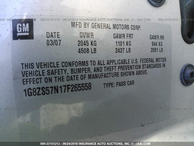 1G8ZS57N17F265558 - 2007 SATURN AURA XE SILVER photo 9