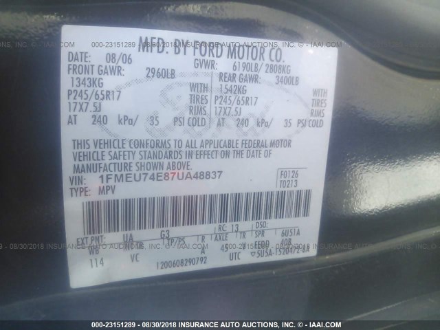 1FMEU74E87UA48837 - 2007 FORD EXPLORER EDDIE BAUER BLACK photo 9