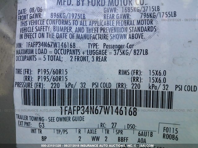 1FAFP34N67W146168 - 2007 FORD FOCUS ZX4/S/SE/SES Алтын фото 9