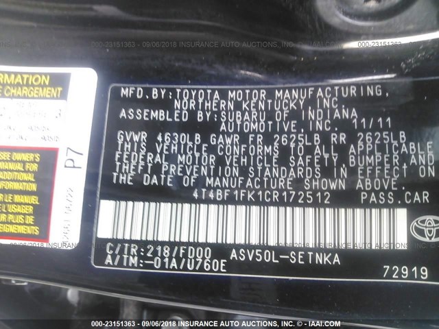 4T4BF1FK1CR172512 - 2012 TOYOTA CAMRY SE/LE/XLE შავი ფოტო 9