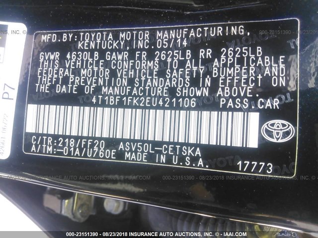 4T1BF1FK2EU421106 - 2014 TOYOTA CAMRY L/SE/LE/XLE Qara foto 9