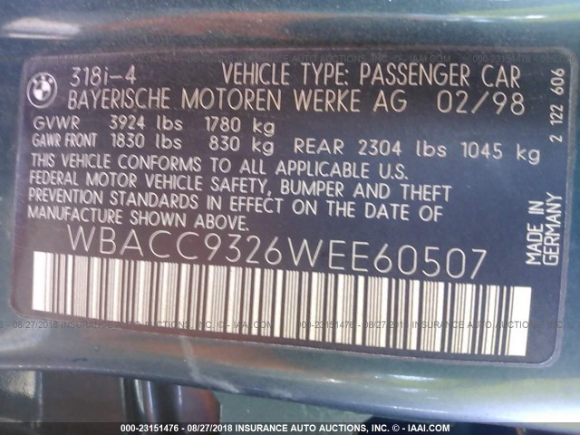 WBACC9326WEE60507 - 1998 BMW 318 I GREEN photo 9