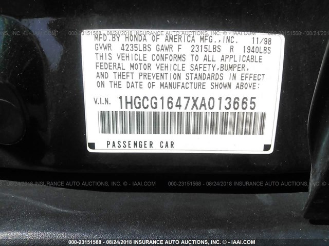 1HGCG1647XA013665 - 1999 HONDA ACCORD LX GREEN photo 9