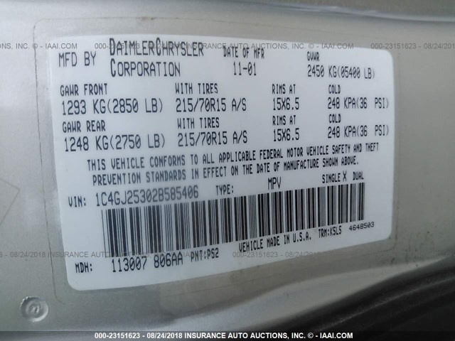 1C4GJ25302B585406 - 2002 CHRYSLER VOYAGER SILVER photo 9