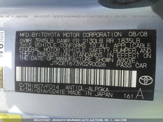 JTKDE167390290026 - 2009 TOYOTA SCION TC BLUE photo 9