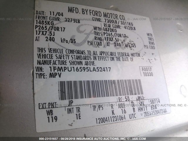 1FMPU16595LA52417 - 2005 FORD EXPEDITION XLT SILVER photo 9