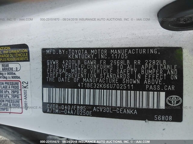 4T1BE32K66U702511 - 2006 TOYOTA CAMRY LE/XLE/SE 白色 照片 9