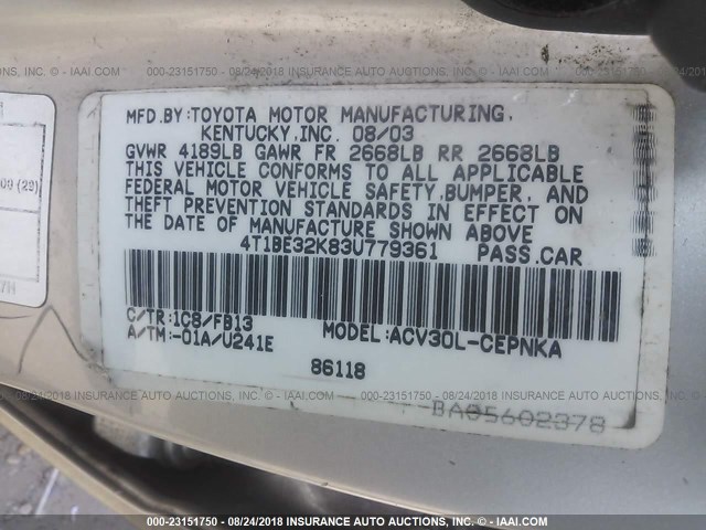 4T1BE32K83U779361 - 2003 TOYOTA CAMRY LE/XLE/SE Gümüş foto 9