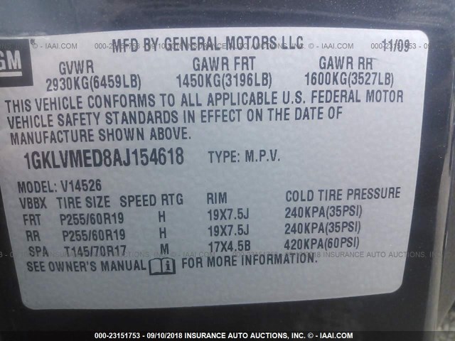 1GKLVMED8AJ154618 - 2010 GMC ACADIA SLT-1 Czarny zdjęcie 9