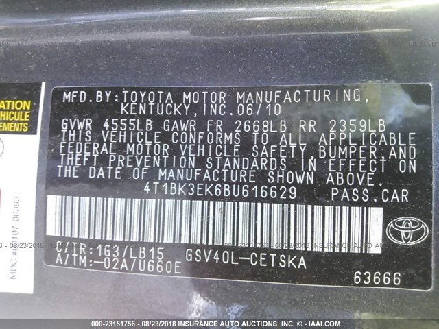 4T1BK3EK6BU616629 - 2011 TOYOTA CAMRY SE/LE/XLE GRAY photo 9