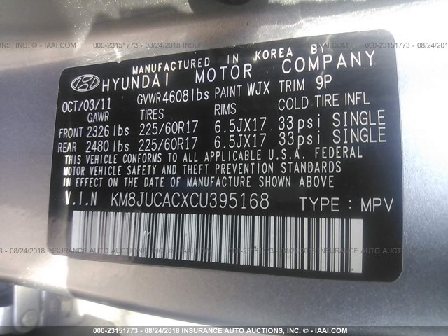 KM8JUCACXCU395168 - 2012 HYUNDAI TUCSON GLS/LIMITED BLUE photo 9