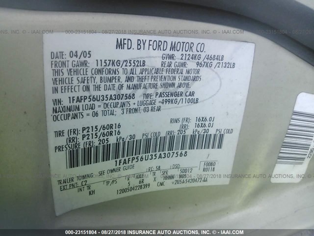 1FAFP56U35A307568 - 2005 FORD TAURUS SEL TAN photo 9