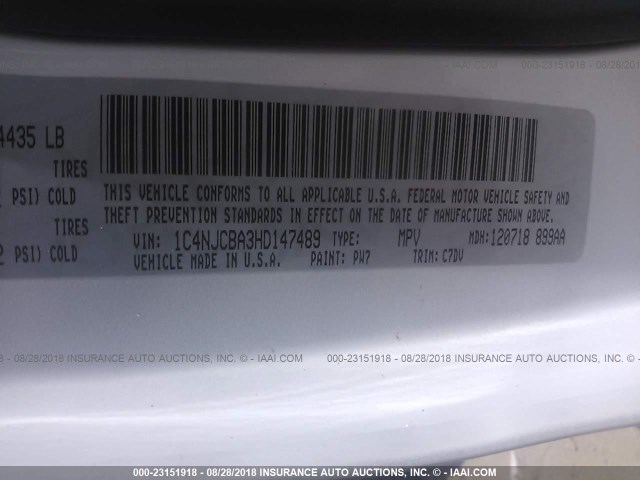 1C4NJCBA3HD147489 - 2017 JEEP COMPASS SPORT WHITE photo 9