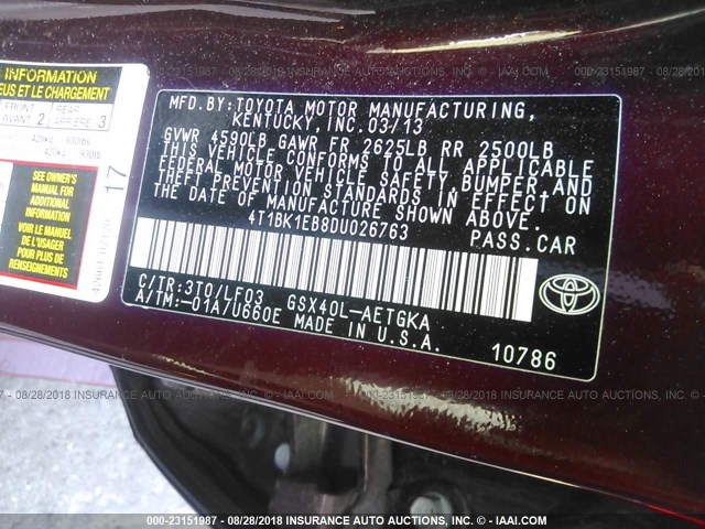 4T1BK1EB8DU026763 - 2013 TOYOTA AVALON PREMIUM/TOURING/LIMITED BURGUNDY photo 9